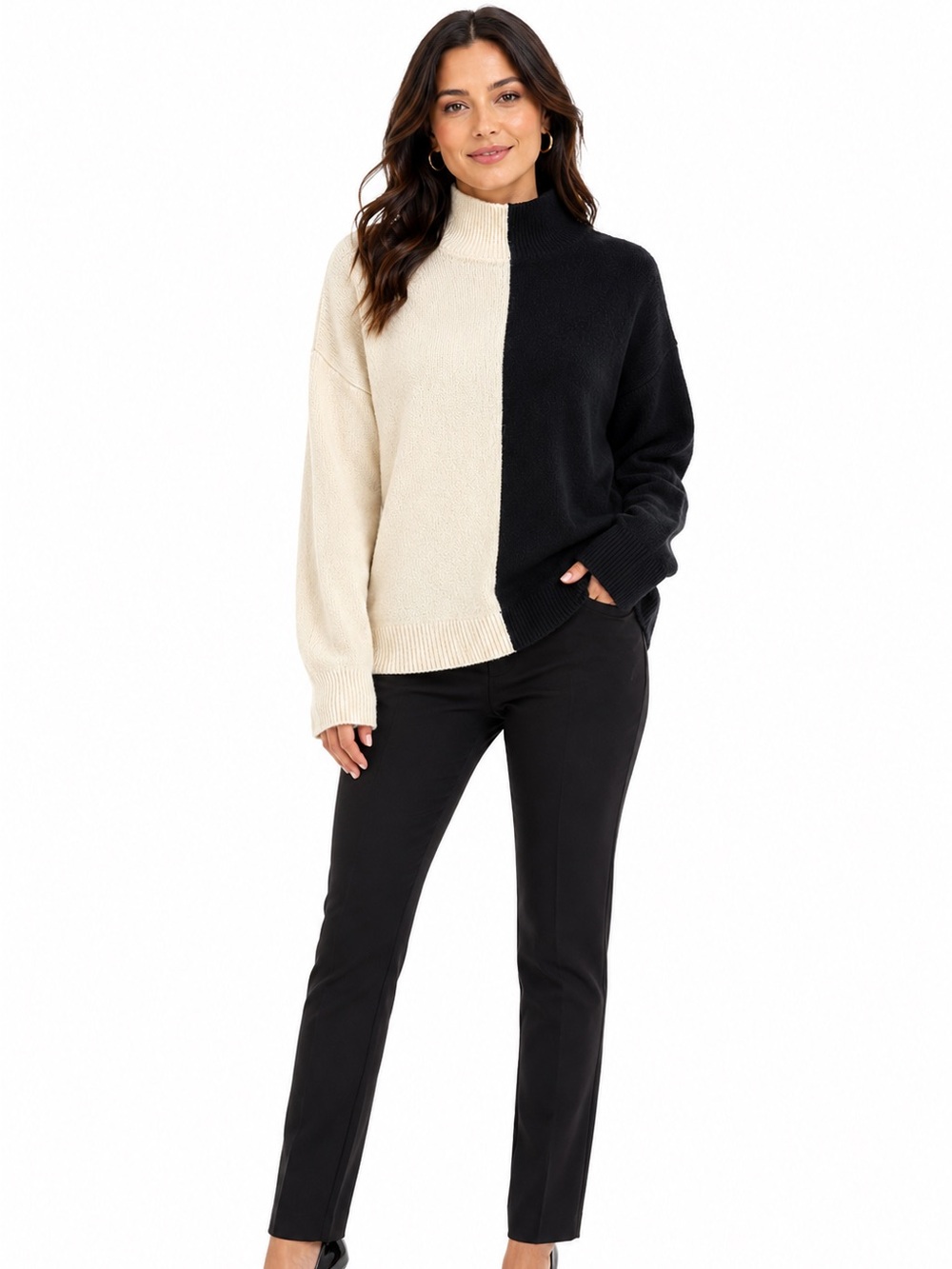 H&M Split-Color Turtleneck Sweater in Black & Cream